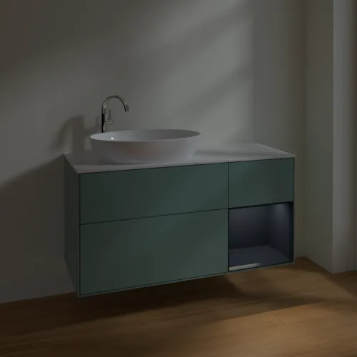Picture of VILLEROY BOCH Finion Vanity unit, with lighting, 3 pull-out compartments, 1200 x 603 x 501 mm, Olive Matt Lacquer / Midnight Blue Matt Lacquer / Glass White Matt #F931HGGM