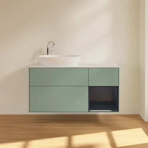 Picture of VILLEROY BOCH Finion Vanity unit, with lighting, 3 pull-out compartments, 1200 x 603 x 501 mm, Olive Matt Lacquer / Midnight Blue Matt Lacquer / Glass White Matt #F931HGGM