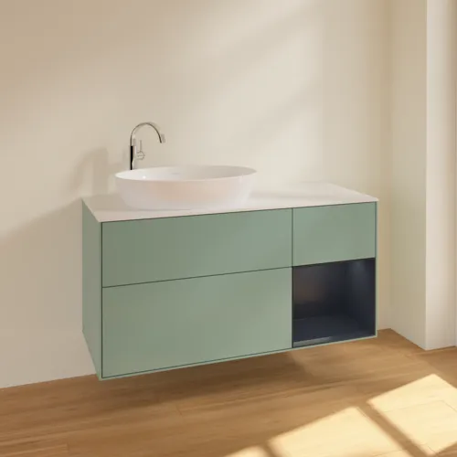 Picture of VILLEROY BOCH Finion Vanity unit, with lighting, 3 pull-out compartments, 1200 x 603 x 501 mm, Olive Matt Lacquer / Midnight Blue Matt Lacquer / Glass White Matt #F931HGGM