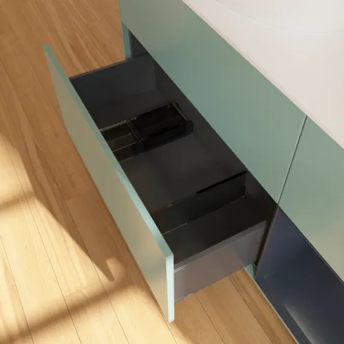 Picture of VILLEROY BOCH Finion Vanity unit, with lighting, 3 pull-out compartments, 1200 x 603 x 501 mm, Olive Matt Lacquer / Midnight Blue Matt Lacquer / Glass White Matt #F931HGGM