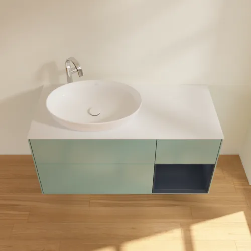 Picture of VILLEROY BOCH Finion Vanity unit, with lighting, 3 pull-out compartments, 1200 x 603 x 501 mm, Olive Matt Lacquer / Midnight Blue Matt Lacquer / Glass White Matt #F931HGGM