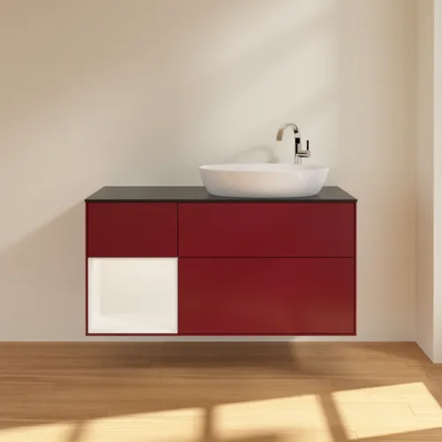 Bild von VILLEROY BOCH Finion Waschbeckenunterschrank, mit Beleuchtung, 3 Auszüge, 1200 x 603 x 501 mm, Peony Matt Lacquer / White Matt Lacquer / Glass Black Matt #F922MTHB