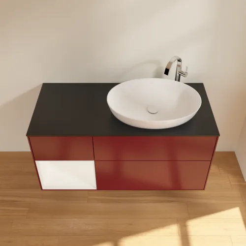 Bild von VILLEROY BOCH Finion Waschbeckenunterschrank, mit Beleuchtung, 3 Auszüge, 1200 x 603 x 501 mm, Peony Matt Lacquer / White Matt Lacquer / Glass Black Matt #F922MTHB