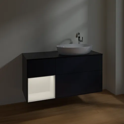 Bild von VILLEROY BOCH Finion Waschbeckenunterschrank, mit Beleuchtung, 3 Auszüge, 1200 x 603 x 501 mm, Midnight Blue Matt Lacquer / White Matt Lacquer / Glass Black Matt #F922MTHG