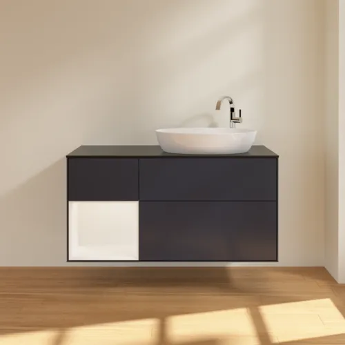 Bild von VILLEROY BOCH Finion Waschbeckenunterschrank, mit Beleuchtung, 3 Auszüge, 1200 x 603 x 501 mm, Midnight Blue Matt Lacquer / White Matt Lacquer / Glass Black Matt #F922MTHG