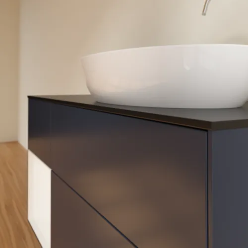 Bild von VILLEROY BOCH Finion Waschbeckenunterschrank, mit Beleuchtung, 3 Auszüge, 1200 x 603 x 501 mm, Midnight Blue Matt Lacquer / White Matt Lacquer / Glass Black Matt #F922MTHG