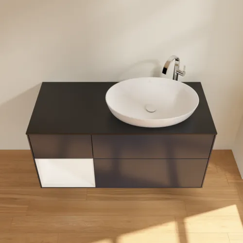 Bild von VILLEROY BOCH Finion Waschbeckenunterschrank, mit Beleuchtung, 3 Auszüge, 1200 x 603 x 501 mm, Midnight Blue Matt Lacquer / White Matt Lacquer / Glass Black Matt #F922MTHG
