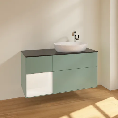 VILLEROY BOCH Finion Waschbeckenunterschrank, mit Beleuchtung, 3 Auszüge, 1200 x 603 x 501 mm, Olive Matt Lacquer / White Matt Lacquer / Glass Black Matt #F922MTGM, Bild 2