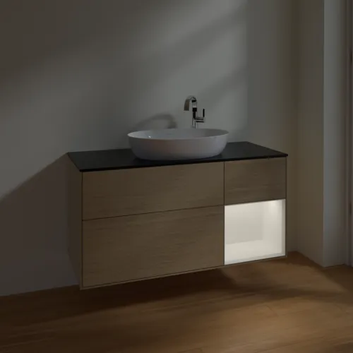 Bild von VILLEROY BOCH Finion Waschbeckenunterschrank, mit Beleuchtung, 3 Auszüge, 1200 x 603 x 501 mm, Oak Veneer / White Matt Lacquer / Glass Black Matt #F952MTPC