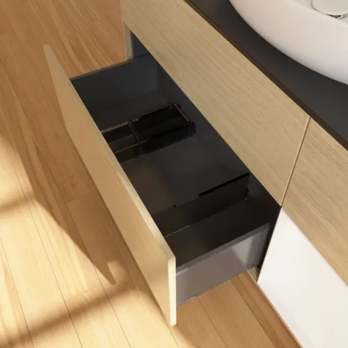 Bild von VILLEROY BOCH Finion Waschbeckenunterschrank, mit Beleuchtung, 3 Auszüge, 1200 x 603 x 501 mm, Oak Veneer / White Matt Lacquer / Glass Black Matt #F952MTPC