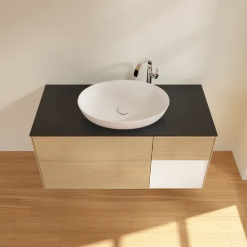 Bild von VILLEROY BOCH Finion Waschbeckenunterschrank, mit Beleuchtung, 3 Auszüge, 1200 x 603 x 501 mm, Oak Veneer / White Matt Lacquer / Glass Black Matt #F952MTPC