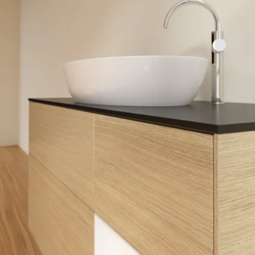 Bild von VILLEROY BOCH Finion Waschbeckenunterschrank, mit Beleuchtung, 3 Auszüge, 1200 x 603 x 501 mm, Oak Veneer / White Matt Lacquer / Glass Black Matt #F952MTPC