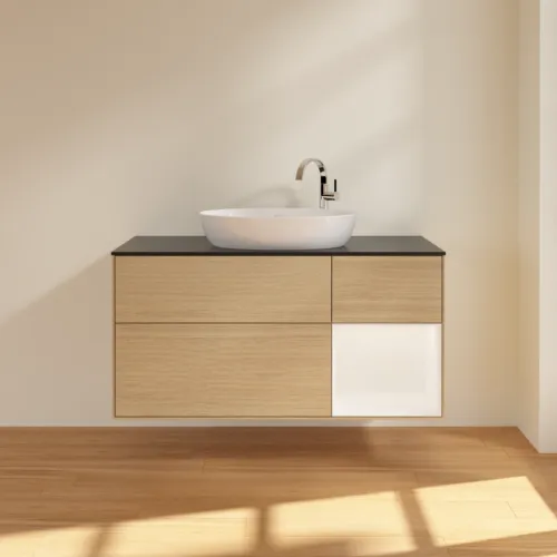 Bild von VILLEROY BOCH Finion Waschbeckenunterschrank, mit Beleuchtung, 3 Auszüge, 1200 x 603 x 501 mm, Oak Veneer / White Matt Lacquer / Glass Black Matt #F952MTPC