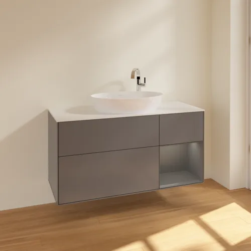 Bild von VILLEROY BOCH Finion Waschbeckenunterschrank, mit Beleuchtung, 3 Auszüge, 1200 x 603 x 501 mm, Anthracite Matt Lacquer / Anthracite Matt Lacquer / Glass White Matt #F951GKGK