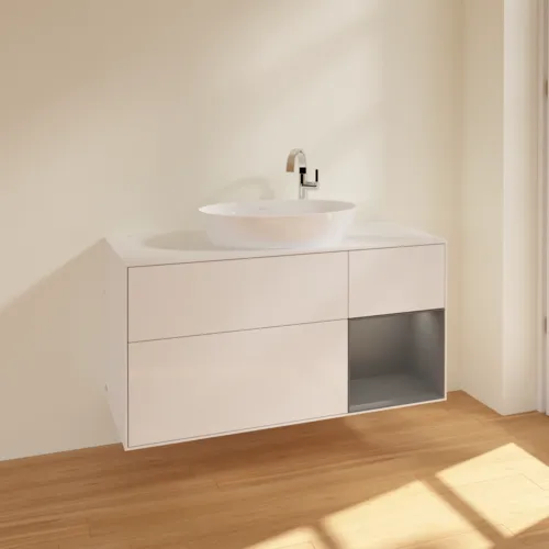 Bild von VILLEROY BOCH Finion Waschbeckenunterschrank, mit Beleuchtung, 3 Auszüge, 1200 x 603 x 501 mm, Glossy White Lacquer / Anthracite Matt Lacquer / Glass White Matt #F951GKGF