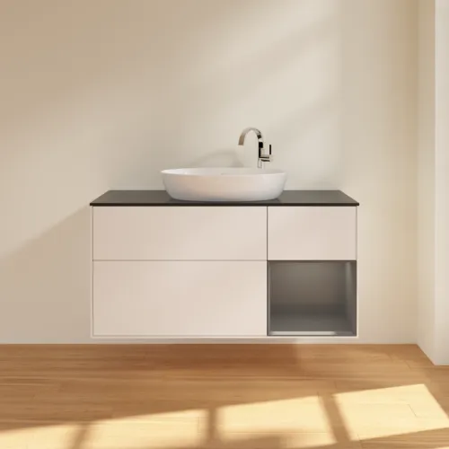 Bild von VILLEROY BOCH Finion Waschbeckenunterschrank, mit Beleuchtung, 3 Auszüge, 1200 x 603 x 501 mm, White Matt Lacquer / Anthracite Matt Lacquer / Glass Black Matt #F952GKMT