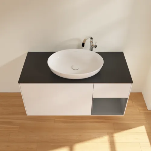 Bild von VILLEROY BOCH Finion Waschbeckenunterschrank, mit Beleuchtung, 3 Auszüge, 1200 x 603 x 501 mm, White Matt Lacquer / Anthracite Matt Lacquer / Glass Black Matt #F952GKMT