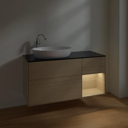 VILLEROY BOCH Finion Waschbeckenunterschrank, mit Beleuchtung, 3 Auszüge, 1200 x 603 x 501 mm, Oak Veneer / Oak Veneer / Glass Black Matt #F932PCPC, Bild 5
