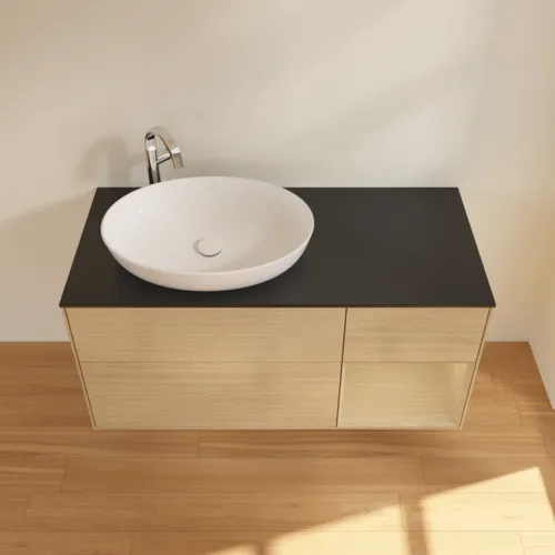 VILLEROY BOCH Finion Waschbeckenunterschrank, mit Beleuchtung, 3 Auszüge, 1200 x 603 x 501 mm, Oak Veneer / Oak Veneer / Glass Black Matt #F932PCPC, Bild 4