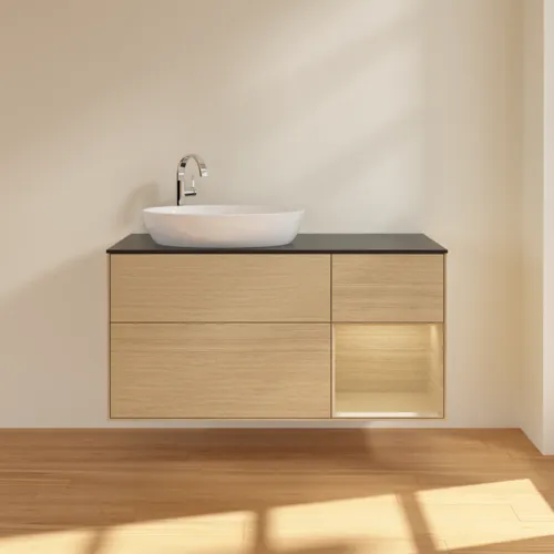 VILLEROY BOCH Finion Waschbeckenunterschrank, mit Beleuchtung, 3 Auszüge, 1200 x 603 x 501 mm, Oak Veneer / Oak Veneer / Glass Black Matt #F932PCPC, Bild 3