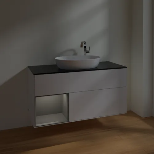 Bild von VILLEROY BOCH Finion Waschbeckenunterschrank, mit Beleuchtung, 3 Auszüge, 1200 x 603 x 501 mm, Glossy White Lacquer / Anthracite Matt Lacquer / Glass Black Matt #F942GKGF