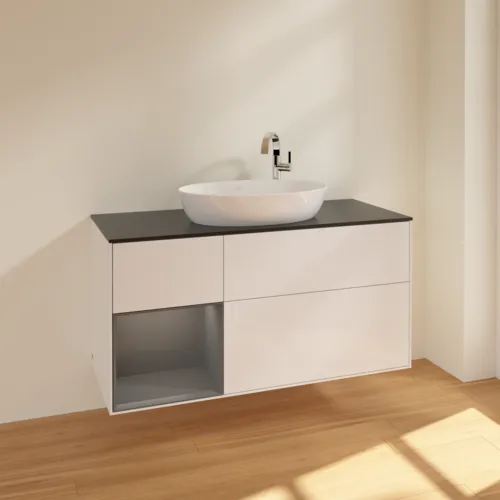 Bild von VILLEROY BOCH Finion Waschbeckenunterschrank, mit Beleuchtung, 3 Auszüge, 1200 x 603 x 501 mm, Glossy White Lacquer / Anthracite Matt Lacquer / Glass Black Matt #F942GKGF