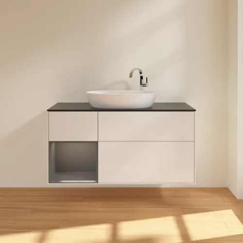 Bild von VILLEROY BOCH Finion Waschbeckenunterschrank, mit Beleuchtung, 3 Auszüge, 1200 x 603 x 501 mm, Glossy White Lacquer / Anthracite Matt Lacquer / Glass Black Matt #F942GKGF