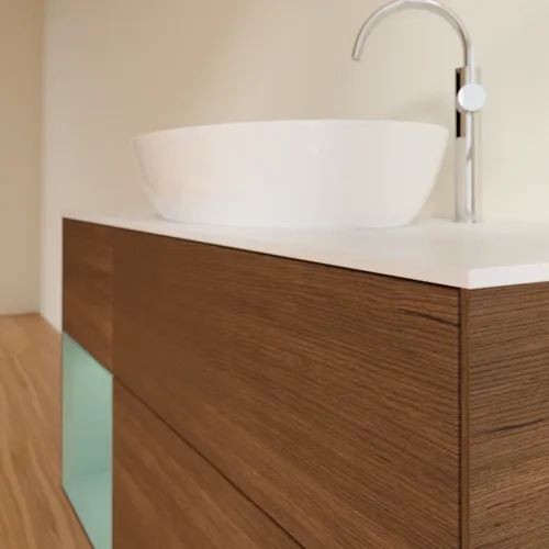 VILLEROY BOCH Finion Waschbeckenunterschrank, mit Beleuchtung, 3 Auszüge, 1200 x 603 x 501 mm, Walnut Veneer / Olive Matt Lacquer / Glass White Matt #F941GMGN, Bild 6