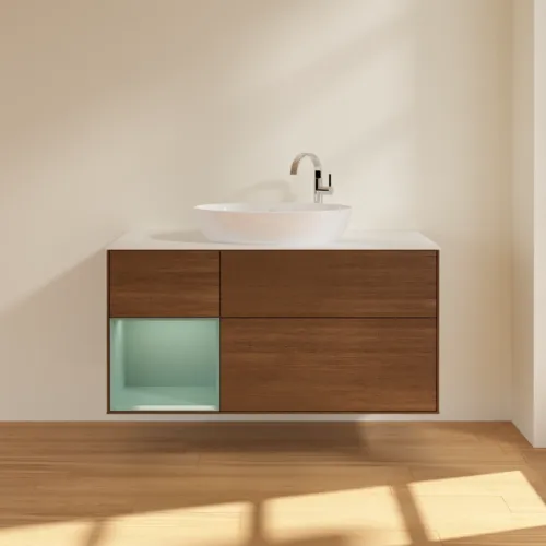 VILLEROY BOCH Finion Waschbeckenunterschrank, mit Beleuchtung, 3 Auszüge, 1200 x 603 x 501 mm, Walnut Veneer / Olive Matt Lacquer / Glass White Matt #F941GMGN, Bild 3