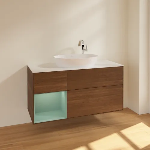 VILLEROY BOCH Finion Waschbeckenunterschrank, mit Beleuchtung, 3 Auszüge, 1200 x 603 x 501 mm, Walnut Veneer / Olive Matt Lacquer / Glass White Matt #F941GMGN, Bild 2