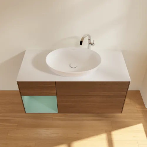 VILLEROY BOCH Finion Waschbeckenunterschrank, mit Beleuchtung, 3 Auszüge, 1200 x 603 x 501 mm, Walnut Veneer / Olive Matt Lacquer / Glass White Matt #F941GMGN, Bild 4