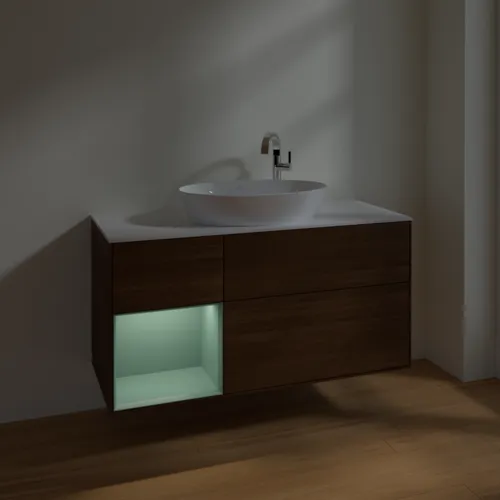 VILLEROY BOCH Finion Waschbeckenunterschrank, mit Beleuchtung, 3 Auszüge, 1200 x 603 x 501 mm, Walnut Veneer / Olive Matt Lacquer / Glass White Matt #F941GMGN, Bild 5