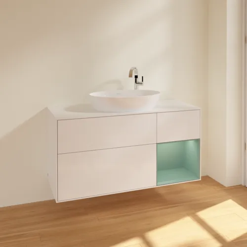 Bild von VILLEROY BOCH Finion Waschbeckenunterschrank, mit Beleuchtung, 3 Auszüge, 1200 x 603 x 501 mm, Glossy White Lacquer / Olive Matt Lacquer / Glass White Matt #F951GMGF