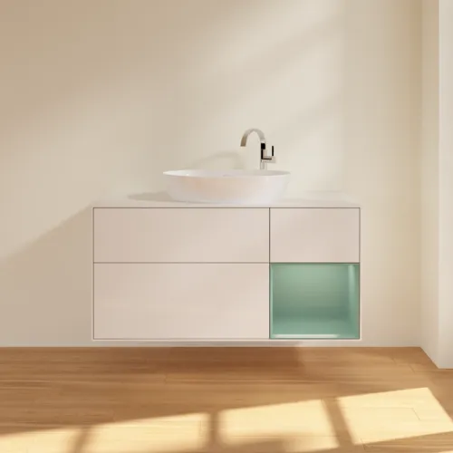 Bild von VILLEROY BOCH Finion Waschbeckenunterschrank, mit Beleuchtung, 3 Auszüge, 1200 x 603 x 501 mm, Glossy White Lacquer / Olive Matt Lacquer / Glass White Matt #F951GMGF