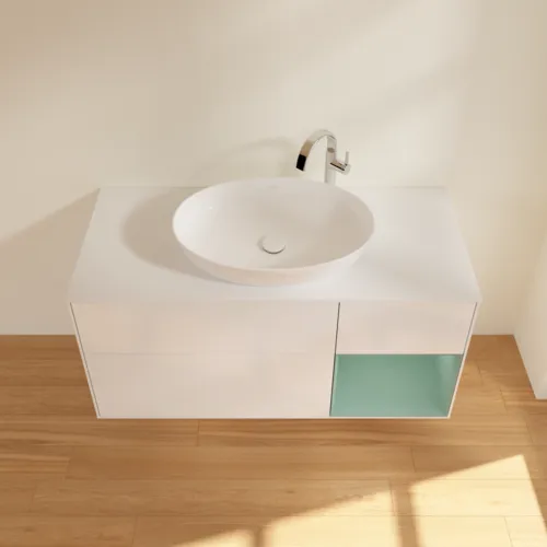 Bild von VILLEROY BOCH Finion Waschbeckenunterschrank, mit Beleuchtung, 3 Auszüge, 1200 x 603 x 501 mm, Glossy White Lacquer / Olive Matt Lacquer / Glass White Matt #F951GMGF
