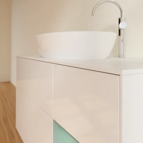 Bild von VILLEROY BOCH Finion Waschbeckenunterschrank, mit Beleuchtung, 3 Auszüge, 1200 x 603 x 501 mm, Glossy White Lacquer / Olive Matt Lacquer / Glass White Matt #F951GMGF