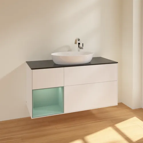 VILLEROY BOCH Finion Waschbeckenunterschrank, mit Beleuchtung, 3 Auszüge, 1200 x 603 x 501 mm, White Matt Lacquer / Olive Matt Lacquer / Glass Black Matt #F942GMMT, Bild 2