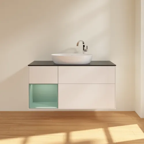 VILLEROY BOCH Finion Waschbeckenunterschrank, mit Beleuchtung, 3 Auszüge, 1200 x 603 x 501 mm, White Matt Lacquer / Olive Matt Lacquer / Glass Black Matt #F942GMMT, Bild 3