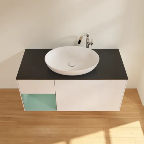 VILLEROY BOCH Finion Waschbeckenunterschrank, mit Beleuchtung, 3 Auszüge, 1200 x 603 x 501 mm, White Matt Lacquer / Olive Matt Lacquer / Glass Black Matt #F942GMMT, Bild 4