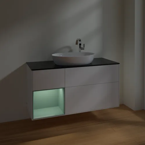 VILLEROY BOCH Finion Waschbeckenunterschrank, mit Beleuchtung, 3 Auszüge, 1200 x 603 x 501 mm, White Matt Lacquer / Olive Matt Lacquer / Glass Black Matt #F942GMMT, Bild 5