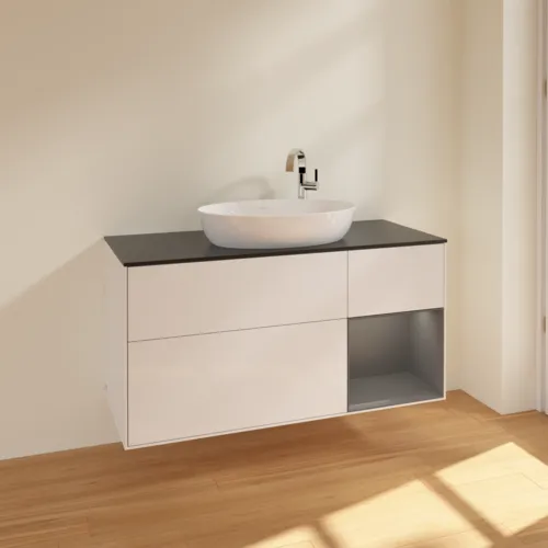 Bild von VILLEROY BOCH Finion Waschbeckenunterschrank, mit Beleuchtung, 3 Auszüge, 1200 x 603 x 501 mm, Glossy White Lacquer / Anthracite Matt Lacquer / Glass Black Matt #F952GKGF