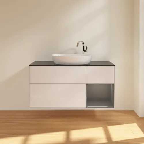 Bild von VILLEROY BOCH Finion Waschbeckenunterschrank, mit Beleuchtung, 3 Auszüge, 1200 x 603 x 501 mm, Glossy White Lacquer / Anthracite Matt Lacquer / Glass Black Matt #F952GKGF