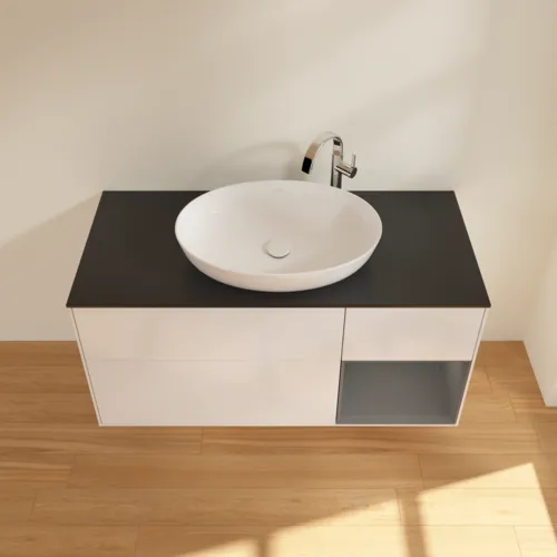 Bild von VILLEROY BOCH Finion Waschbeckenunterschrank, mit Beleuchtung, 3 Auszüge, 1200 x 603 x 501 mm, Glossy White Lacquer / Anthracite Matt Lacquer / Glass Black Matt #F952GKGF