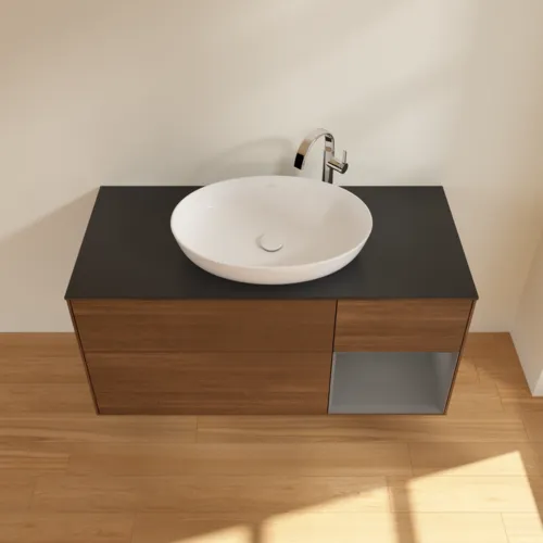 VILLEROY BOCH Finion Waschbeckenunterschrank, mit Beleuchtung, 3 Auszüge, 1200 x 603 x 501 mm, Walnut Veneer / Anthracite Matt Lacquer / Glass Black Matt #F952GKGN, Bild 4