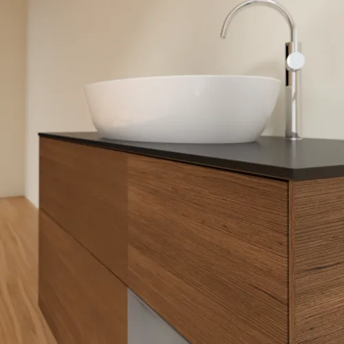 VILLEROY BOCH Finion Waschbeckenunterschrank, mit Beleuchtung, 3 Auszüge, 1200 x 603 x 501 mm, Walnut Veneer / Anthracite Matt Lacquer / Glass Black Matt #F952GKGN, Bild 6
