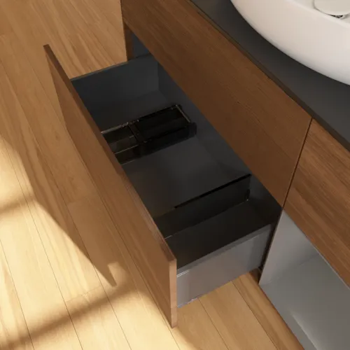 VILLEROY BOCH Finion Waschbeckenunterschrank, mit Beleuchtung, 3 Auszüge, 1200 x 603 x 501 mm, Walnut Veneer / Anthracite Matt Lacquer / Glass Black Matt #F952GKGN, Bild 7