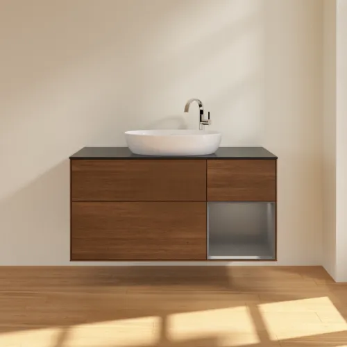 VILLEROY BOCH Finion Waschbeckenunterschrank, mit Beleuchtung, 3 Auszüge, 1200 x 603 x 501 mm, Walnut Veneer / Anthracite Matt Lacquer / Glass Black Matt #F952GKGN, Bild 3