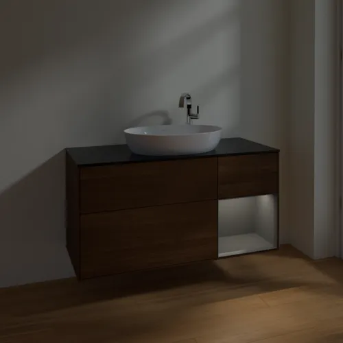 VILLEROY BOCH Finion Waschbeckenunterschrank, mit Beleuchtung, 3 Auszüge, 1200 x 603 x 501 mm, Walnut Veneer / Anthracite Matt Lacquer / Glass Black Matt #F952GKGN, Bild 5