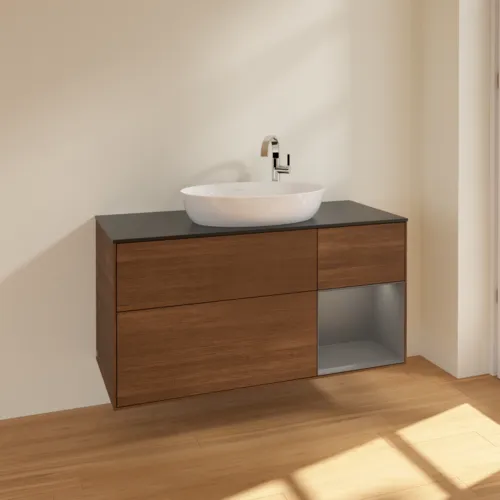 VILLEROY BOCH Finion Waschbeckenunterschrank, mit Beleuchtung, 3 Auszüge, 1200 x 603 x 501 mm, Walnut Veneer / Anthracite Matt Lacquer / Glass Black Matt #F952GKGN, Bild 2