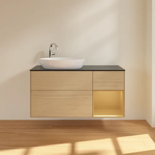 Bild von VILLEROY BOCH Finion Waschbeckenunterschrank, mit Beleuchtung, 3 Auszüge, 1200 x 603 x 501 mm, Oak Veneer / Gold Matt Lacquer / Glass Black Matt #F932HFPC